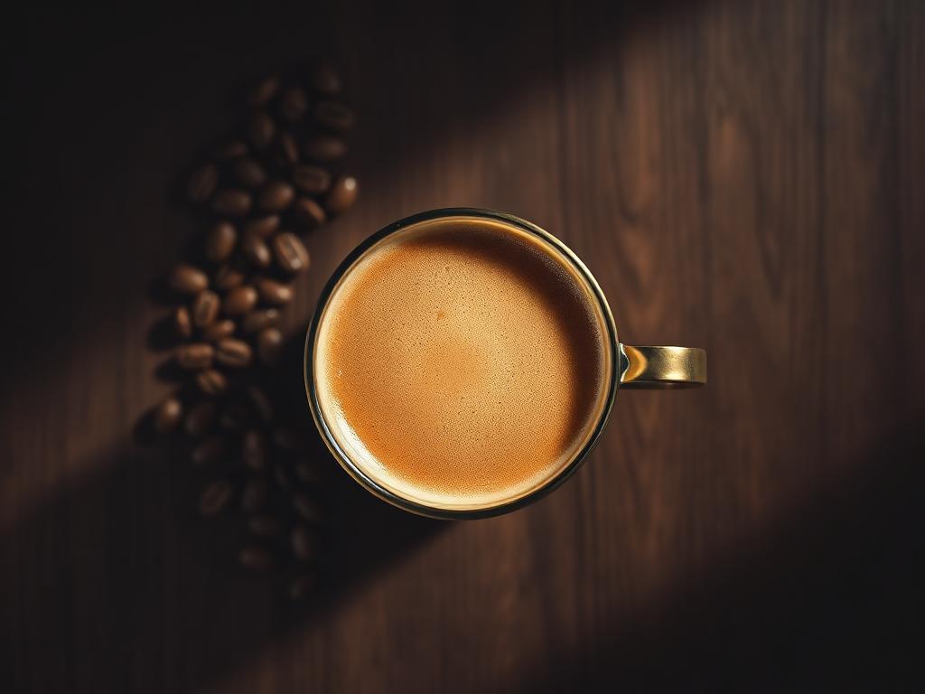 Freshly brewed cup of coffee on a wooden table