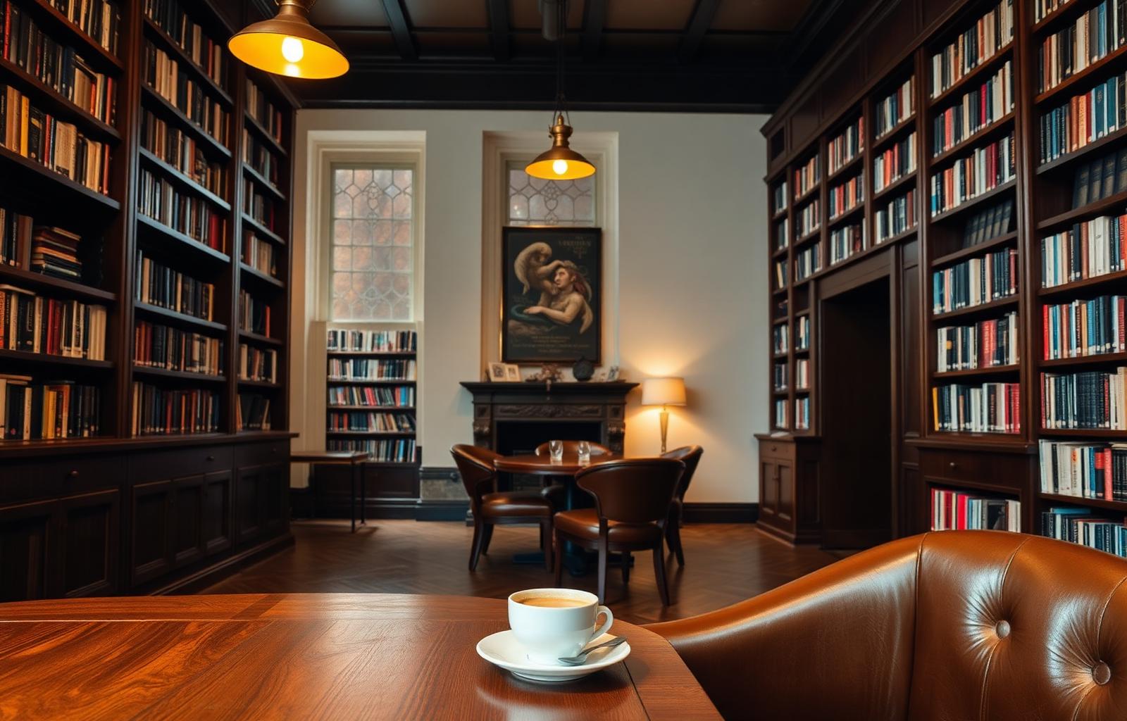 Warm interior of The Third Space book cafe with wooden tables and bookshelves